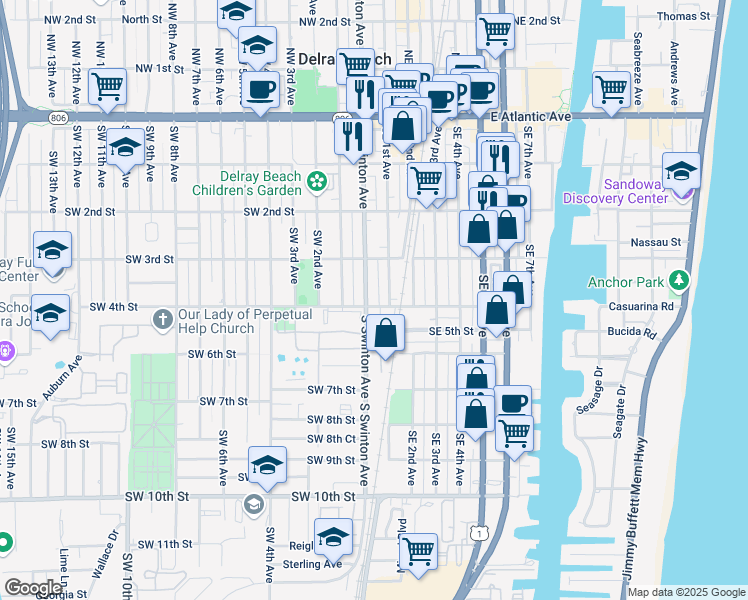map of restaurants, bars, coffee shops, grocery stores, and more near 48 South Swinton Avenue in Delray Beach