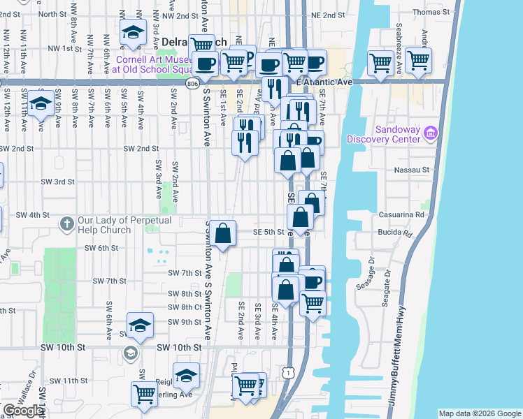 map of restaurants, bars, coffee shops, grocery stores, and more near 406 Southeast 3rd Avenue in Delray Beach