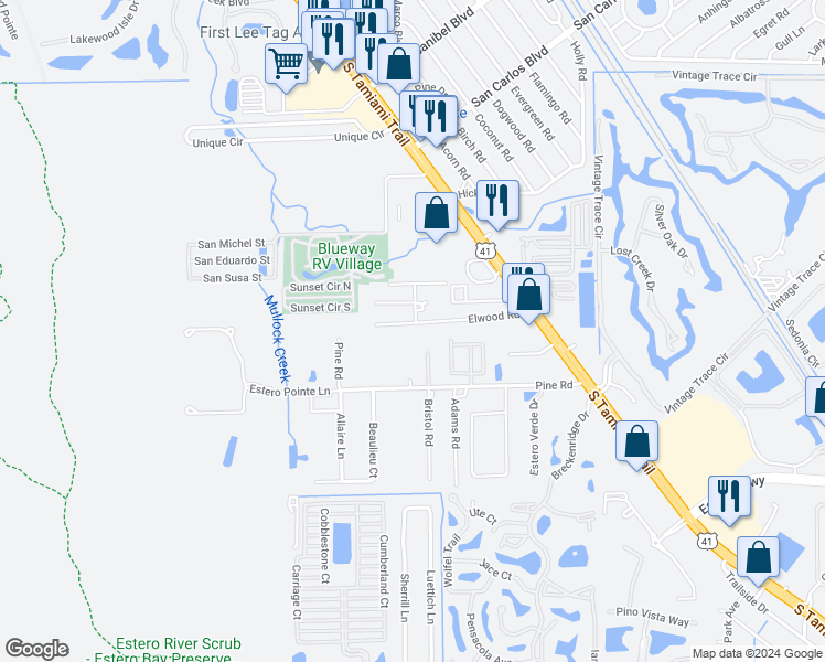 map of restaurants, bars, coffee shops, grocery stores, and more near 19670 Bristol Road in Fort Myers