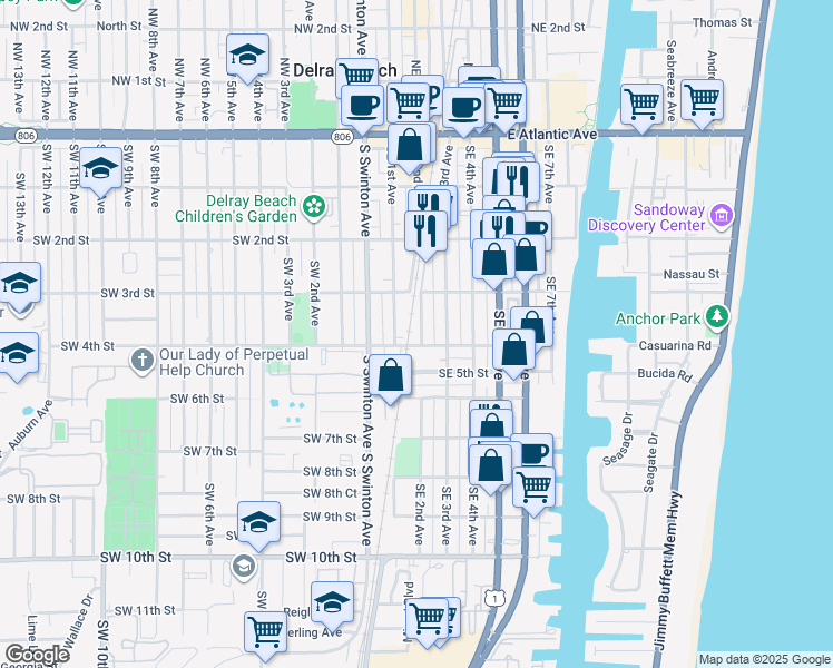map of restaurants, bars, coffee shops, grocery stores, and more near 100 Southeast 4th Street in Delray Beach