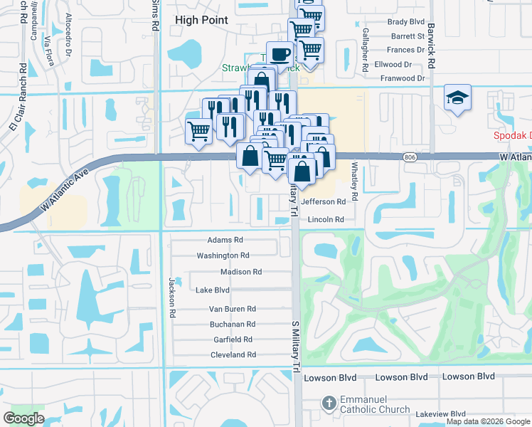 map of restaurants, bars, coffee shops, grocery stores, and more near 168 Astor Circle in Delray Beach