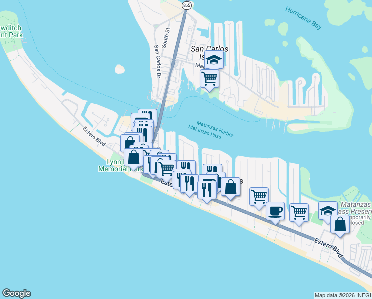 map of restaurants, bars, coffee shops, grocery stores, and more near 432 Palermo Circle in Fort Myers Beach