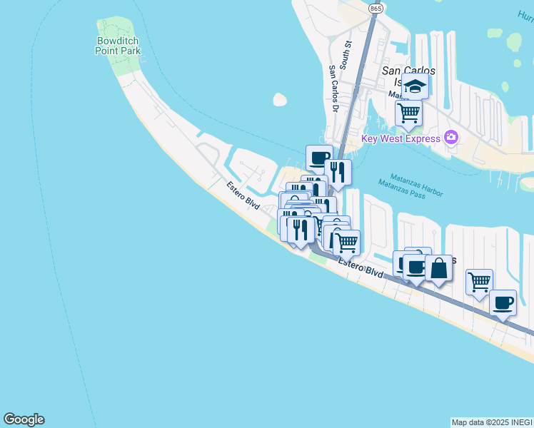 map of restaurants, bars, coffee shops, grocery stores, and more near 804 Estero Boulevard in Fort Myers Beach