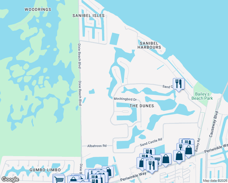 map of restaurants, bars, coffee shops, grocery stores, and more near 1566 Sand Castle Road in Sanibel