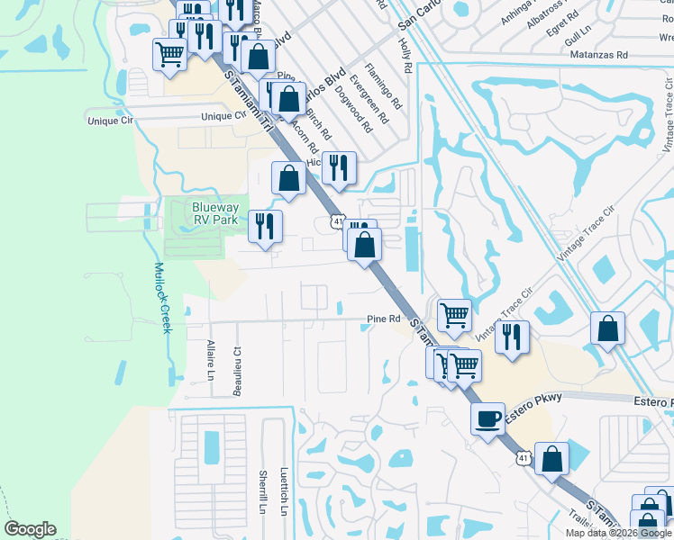 map of restaurants, bars, coffee shops, grocery stores, and more near 4250 Elwood Road in Fort Myers
