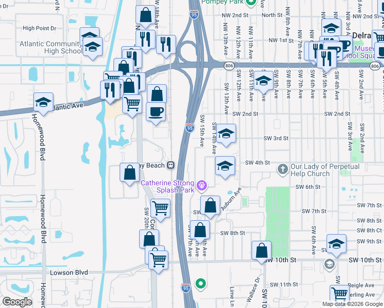 map of restaurants, bars, coffee shops, grocery stores, and more near 314 Southwest 15th Terrace in Delray Beach