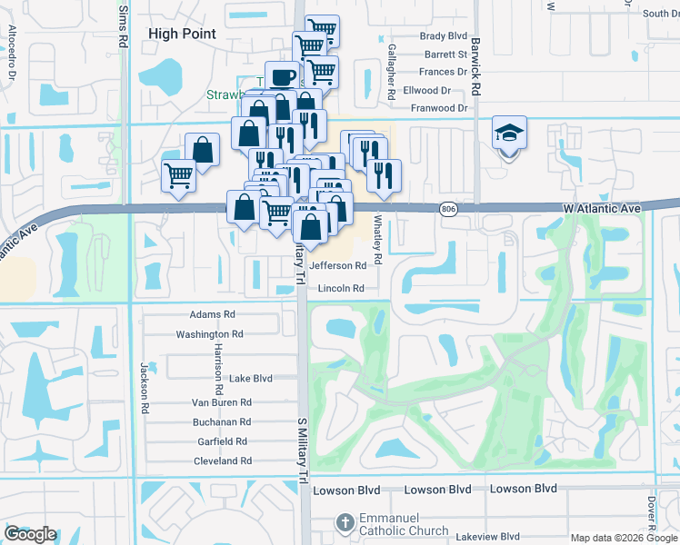 map of restaurants, bars, coffee shops, grocery stores, and more near 4911 Jefferson Road in Delray Beach