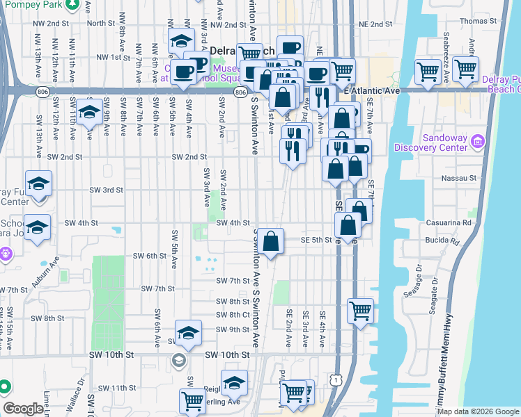map of restaurants, bars, coffee shops, grocery stores, and more near 316 South Swinton Avenue in Delray Beach