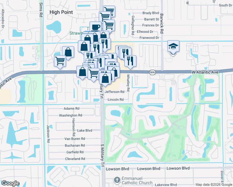 map of restaurants, bars, coffee shops, grocery stores, and more near 4911 Jefferson Road in Delray Beach