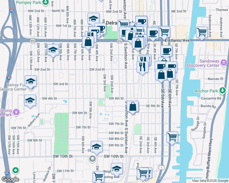 map of restaurants, bars, coffee shops, grocery stores, and more near 313 Southwest 2nd Avenue in Delray Beach