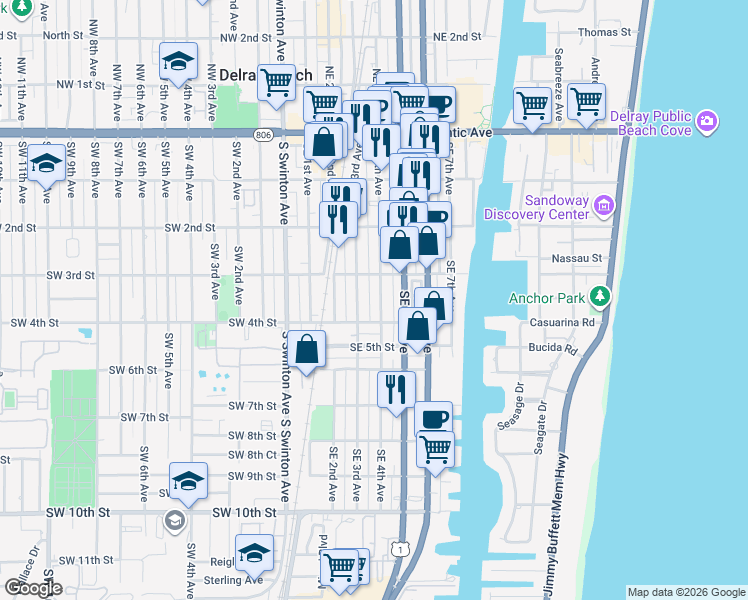 map of restaurants, bars, coffee shops, grocery stores, and more near 346 Southeast 5th Avenue in Delray Beach
