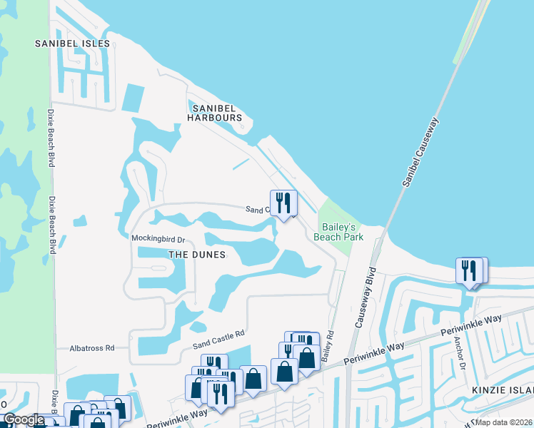 map of restaurants, bars, coffee shops, grocery stores, and more near 1643 Sand Castle Road in Sanibel