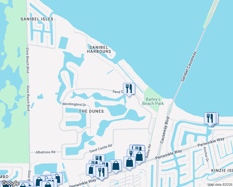 map of restaurants, bars, coffee shops, grocery stores, and more near 1643 Sand Castle Road in Sanibel