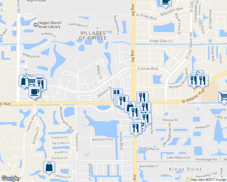 map of restaurants, bars, coffee shops, grocery stores, and more near 6678 Moonlit Drive in Delray Beach