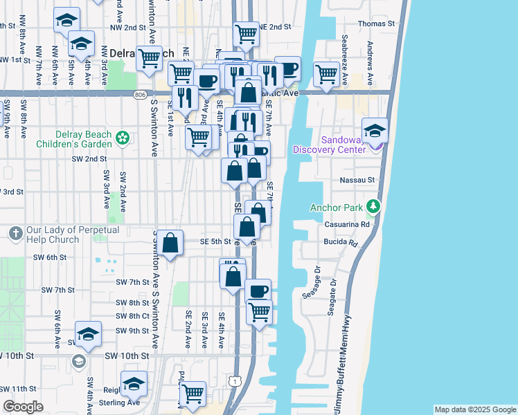 map of restaurants, bars, coffee shops, grocery stores, and more near 365 Southeast 6th Avenue in Delray Beach