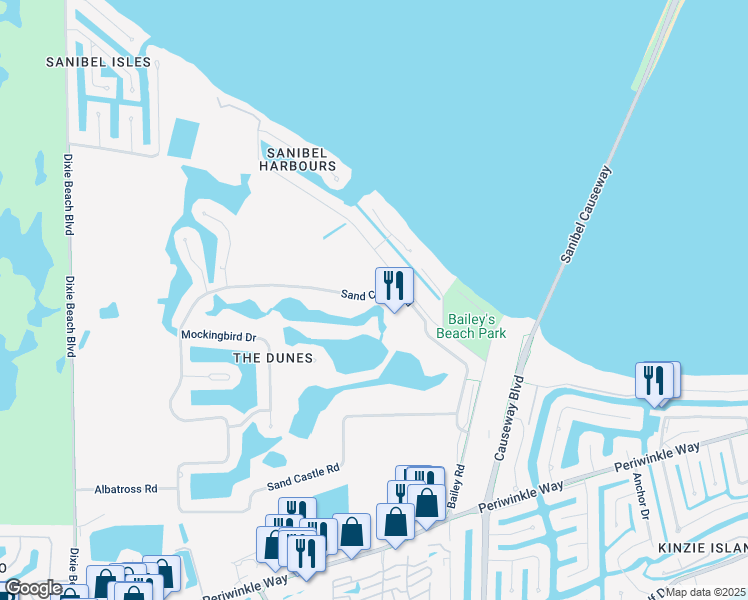 map of restaurants, bars, coffee shops, grocery stores, and more near 1661 Sand Castle Road in Sanibel