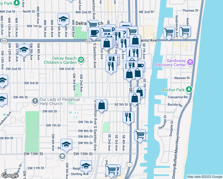 map of restaurants, bars, coffee shops, grocery stores, and more near 318 Southeast 3rd Avenue in Delray Beach