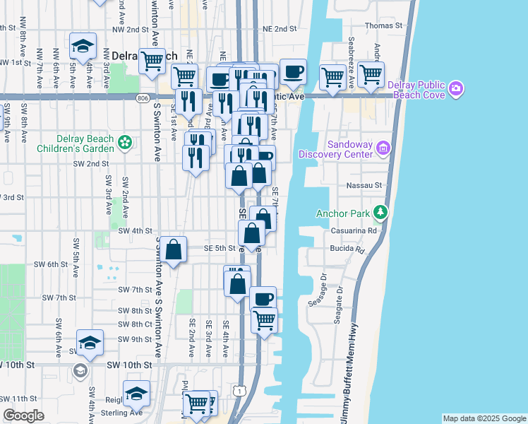 map of restaurants, bars, coffee shops, grocery stores, and more near 335 Southeast 6th Avenue in Delray Beach