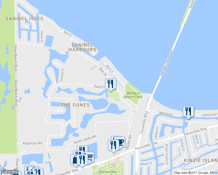 map of restaurants, bars, coffee shops, grocery stores, and more near 1661 Sand Castle Road in Sanibel