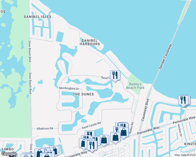 map of restaurants, bars, coffee shops, grocery stores, and more near 1625 Sand Castle Road in Sanibel