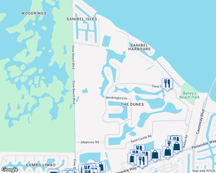 map of restaurants, bars, coffee shops, grocery stores, and more near 1566 Sand Castle Rd in Sanibel