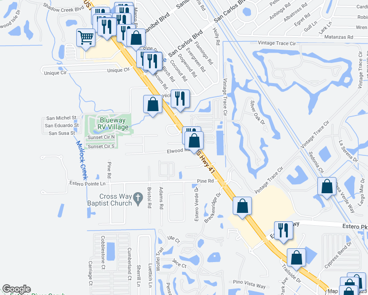 map of restaurants, bars, coffee shops, grocery stores, and more near 4250 Elwood Road in Fort Myers