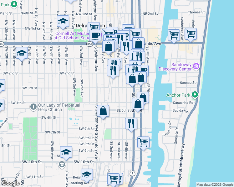 map of restaurants, bars, coffee shops, grocery stores, and more near 318 Southeast 3rd Avenue in Delray Beach