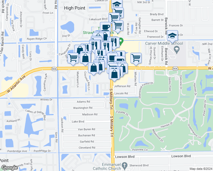 map of restaurants, bars, coffee shops, grocery stores, and more near 121 Delancey Avenue in Delray Beach