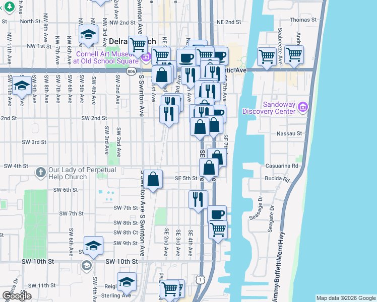 map of restaurants, bars, coffee shops, grocery stores, and more near 320 Southeast 4th Avenue in Delray Beach