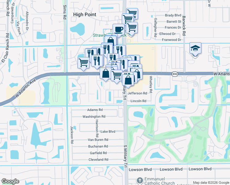 map of restaurants, bars, coffee shops, grocery stores, and more near 123 Astor Circle in Delray Beach