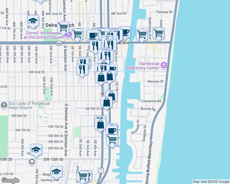 map of restaurants, bars, coffee shops, grocery stores, and more near 315 Southeast 7th Avenue in Delray Beach