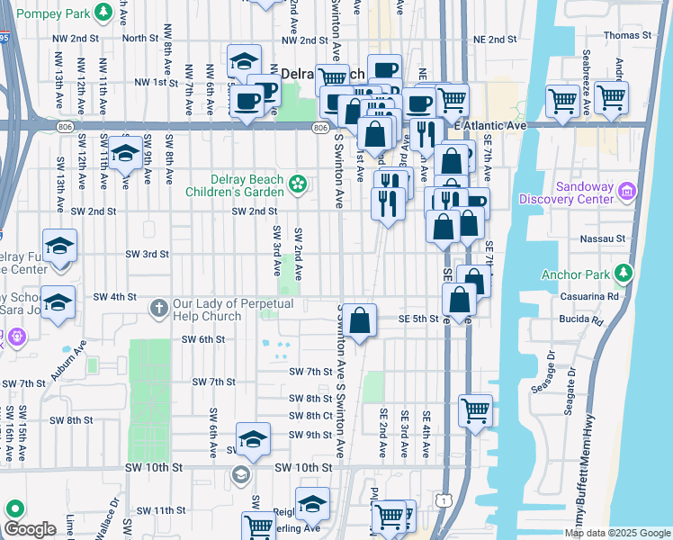 map of restaurants, bars, coffee shops, grocery stores, and more near 316 South Swinton Avenue in Delray Beach