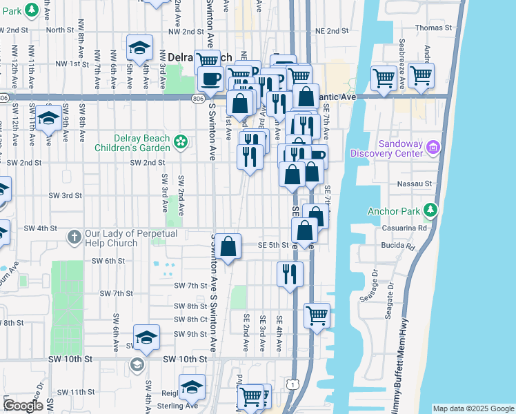 map of restaurants, bars, coffee shops, grocery stores, and more near 318 Southeast 3rd Avenue in Delray Beach