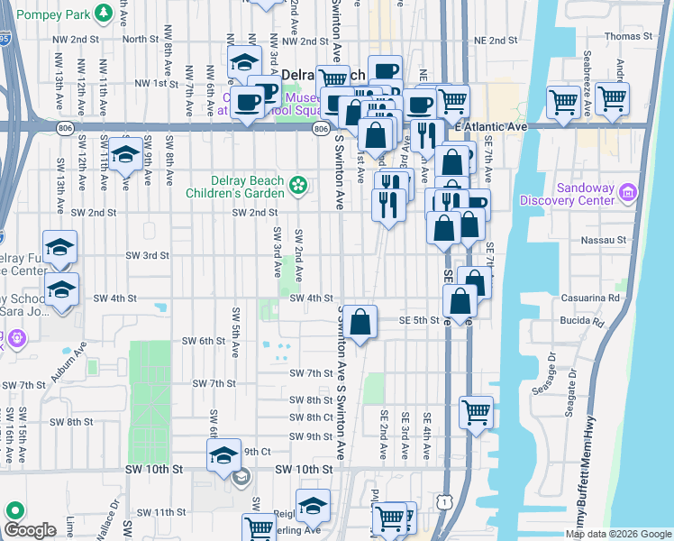 map of restaurants, bars, coffee shops, grocery stores, and more near 316 South Swinton Avenue in Delray Beach