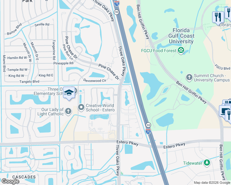 map of restaurants, bars, coffee shops, grocery stores, and more near 9750 Country Oaks Drive in Fort Myers