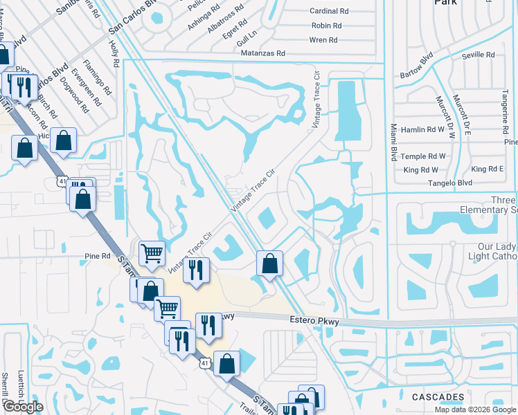 map of restaurants, bars, coffee shops, grocery stores, and more near 8514 Sedonia Circle in Fort Myers