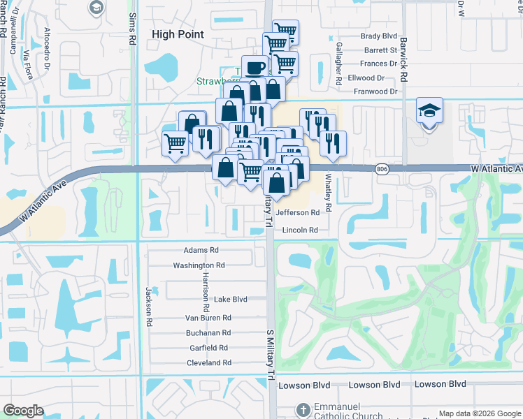 map of restaurants, bars, coffee shops, grocery stores, and more near 14888 South Military Trail in Delray Beach