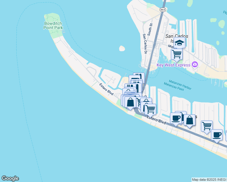 map of restaurants, bars, coffee shops, grocery stores, and more near 781 Estero Boulevard in Fort Myers Beach