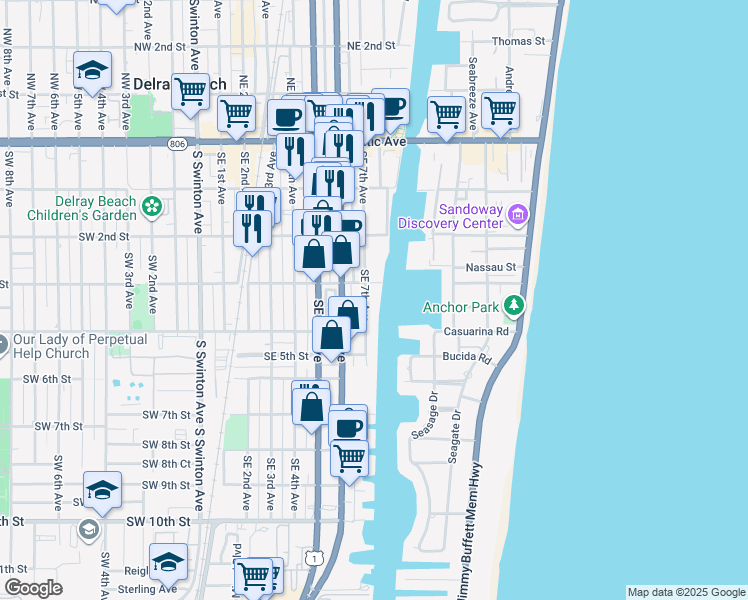 map of restaurants, bars, coffee shops, grocery stores, and more near 315 Southeast 7th Avenue in Delray Beach