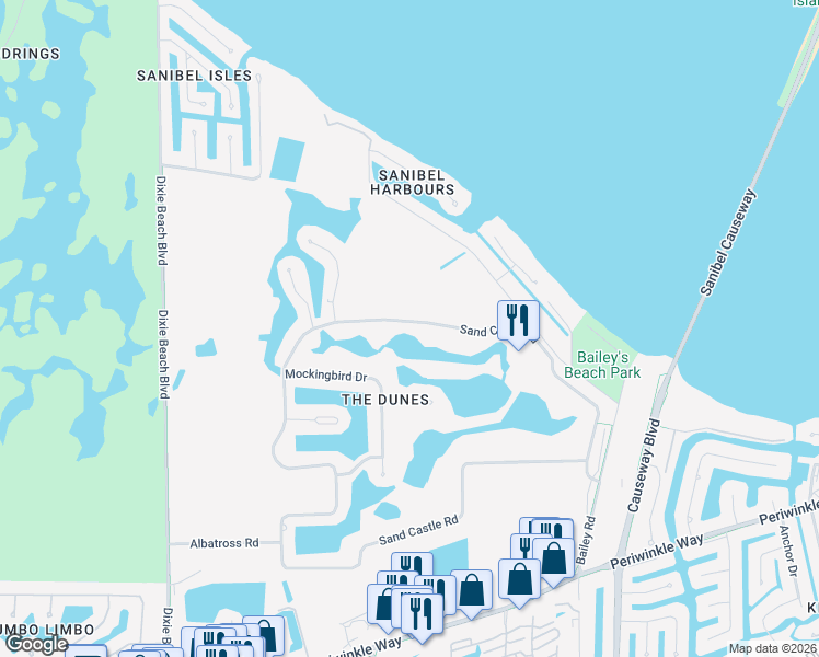 map of restaurants, bars, coffee shops, grocery stores, and more near 1605 Sand Castle Road in Sanibel