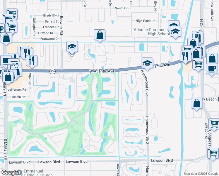 map of restaurants, bars, coffee shops, grocery stores, and more near 3510 Glenwood Court in Delray Beach
