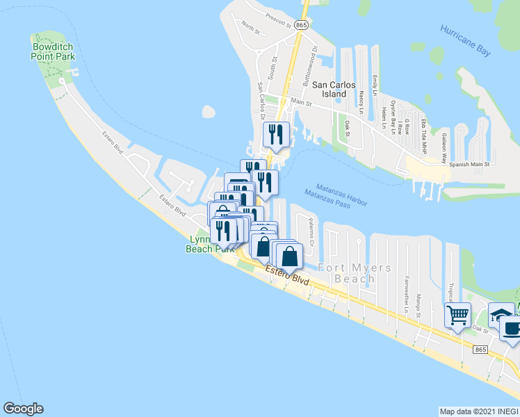 map of restaurants, bars, coffee shops, grocery stores, and more near 1047 Second Street in Fort Myers Beach