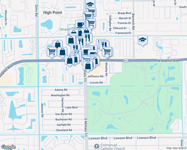 map of restaurants, bars, coffee shops, grocery stores, and more near 4919 Jefferson Road in Delray Beach