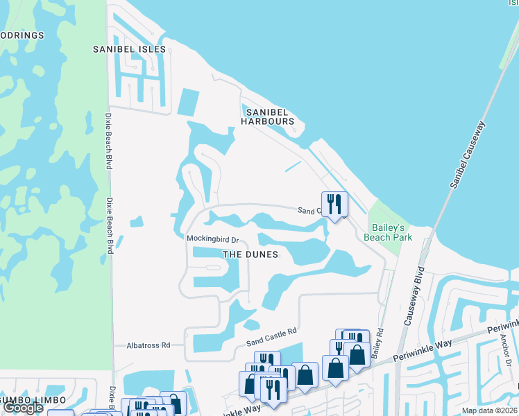 map of restaurants, bars, coffee shops, grocery stores, and more near 1605 Sand Castle Road in Sanibel