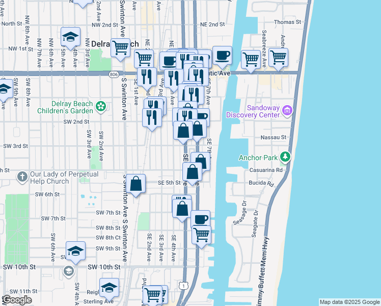 map of restaurants, bars, coffee shops, grocery stores, and more near 321 West Mallory Circle in Delray Beach