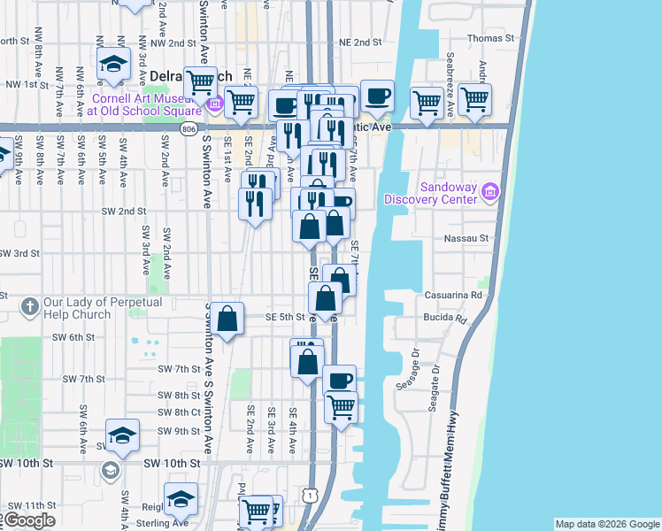 map of restaurants, bars, coffee shops, grocery stores, and more near 335 East Mallory Circle in Delray Beach