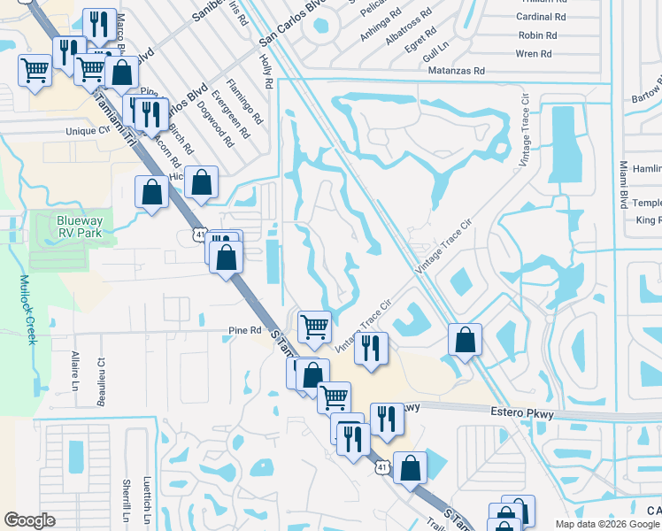 map of restaurants, bars, coffee shops, grocery stores, and more near 19563 Lost Creek Drive in Fort Myers