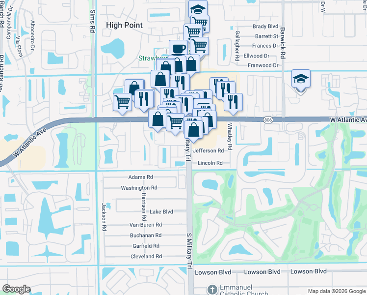map of restaurants, bars, coffee shops, grocery stores, and more near 14888 South Military Trail in Delray Beach