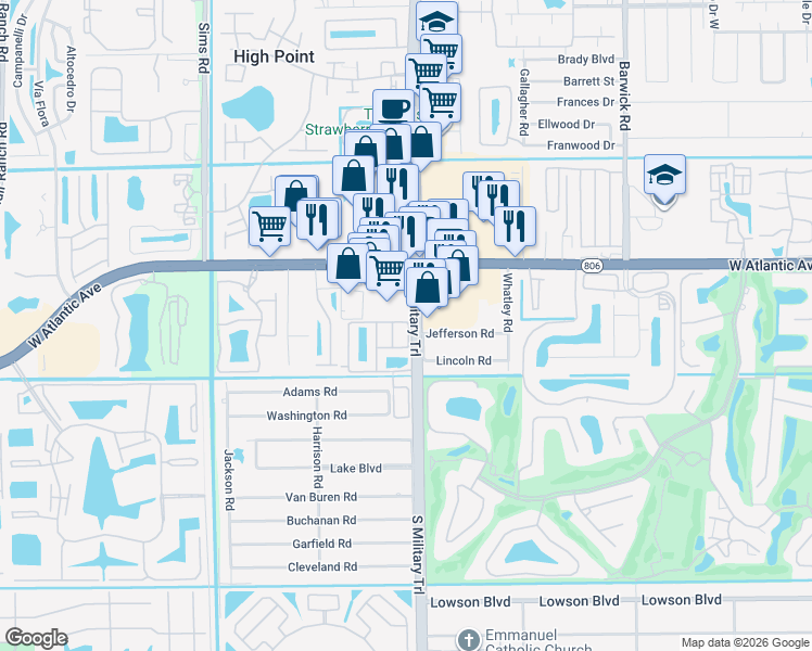 map of restaurants, bars, coffee shops, grocery stores, and more near 102 Astor Circle in Delray Beach