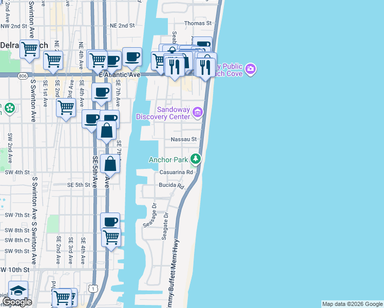 map of restaurants, bars, coffee shops, grocery stores, and more near 320 South Ocean Boulevard in Delray Beach